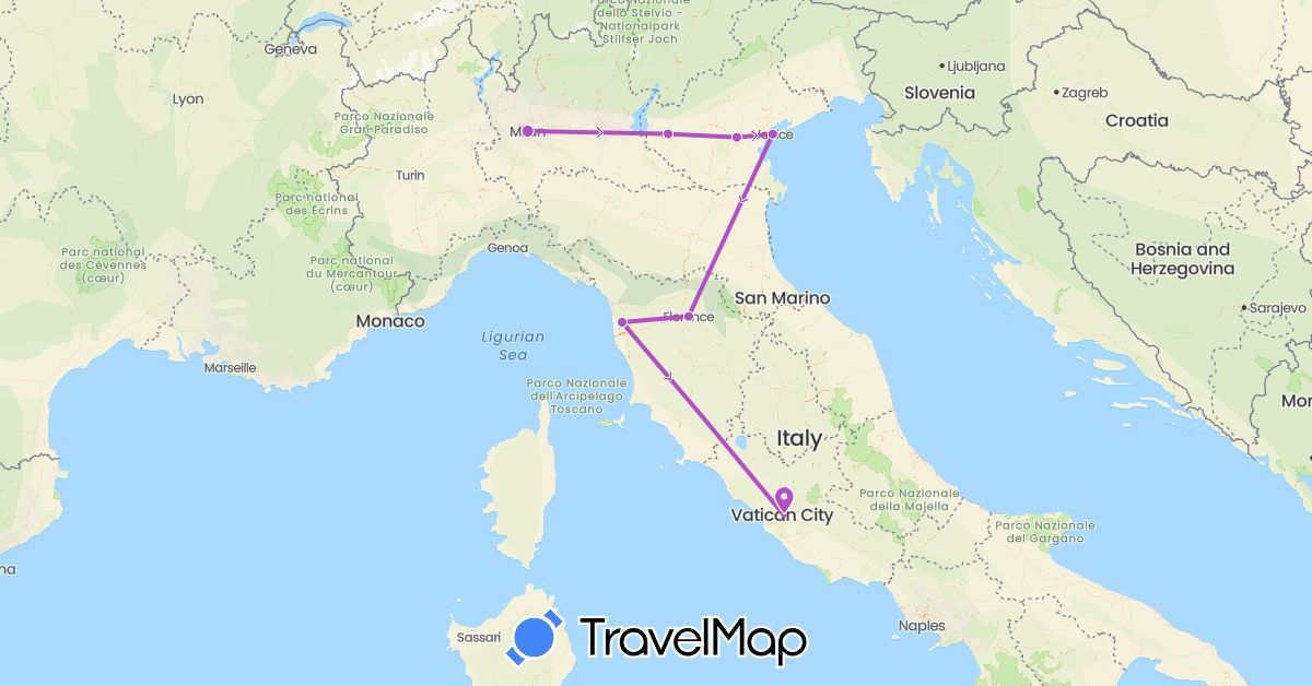 TravelMap itinerary: train, hiking in Italy (Europe)